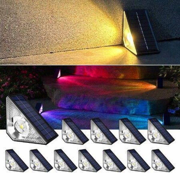 Solar Step Lights Waterproof LED Warm White & RGB Color Changing Deck Lights Solar Powered Triangle-Shaped Solar Stair Lights For Outside Patio Decor Decks Porch Backyard Yard (12 Pack)