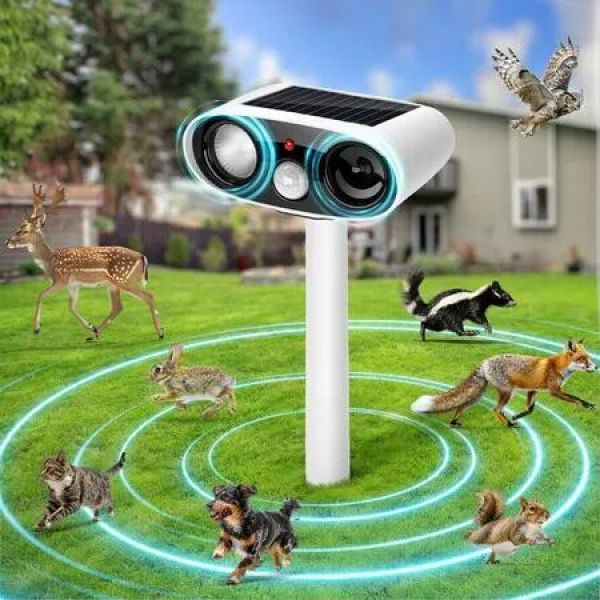 Solar Ultrasonic Animal Repellent Outdoor, Repellent Devices Motion Detection, Waterproof Mouse Repeller Deterrent with LED Lights for Yard Farm Garden
