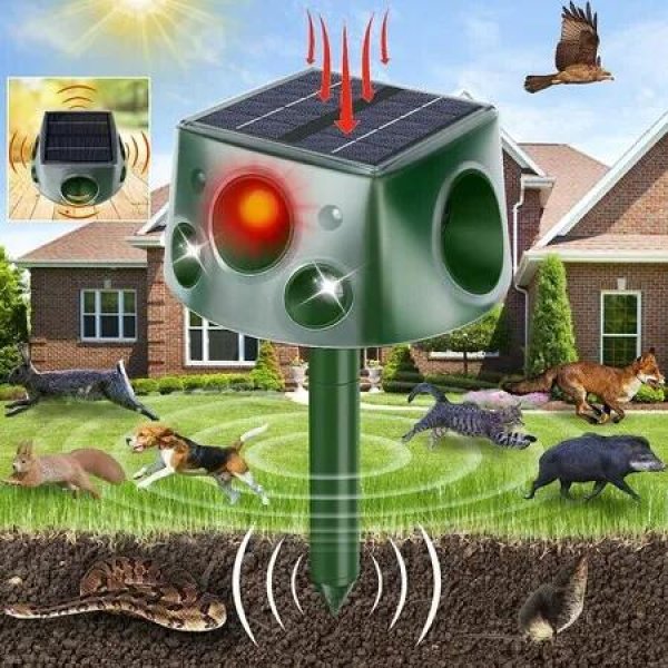 Solar Ultrasonic Animal Repeller, 4-Sided 360Â° Outdoor Cat Repeller with 7 Adjustable Modes, IP66 Waterproof, Double-Sided Flashing Light and Ultrasonic Speaker