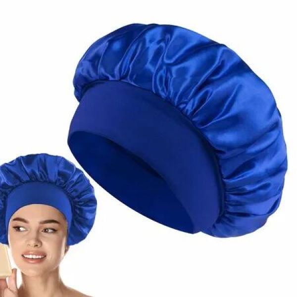 Solid Color Shower Cap for Women Satin Wide-Brimmed Bath Cap Reusable Shower Cap for All Hair Lengths (Blue)