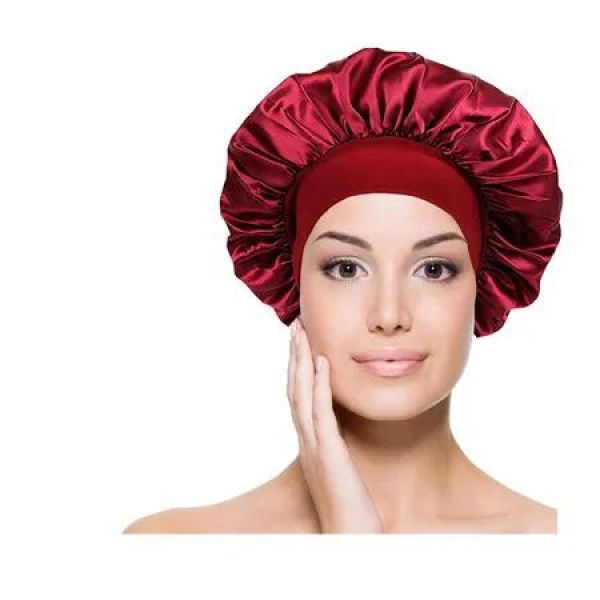 Solid Color Shower Cap for Women Satin Wide-Brimmed Bath Cap Reusable Shower Cap for All Hair Lengths (Red)