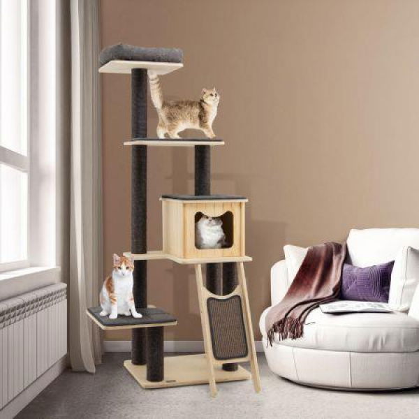 Solid Wood 4-Tier Cat Tree With Scratching Sisal Posts & Mat