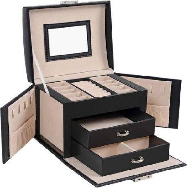 SONGMICS Lockable Jewellery Box Case with 2 Drawers and Mirror Black