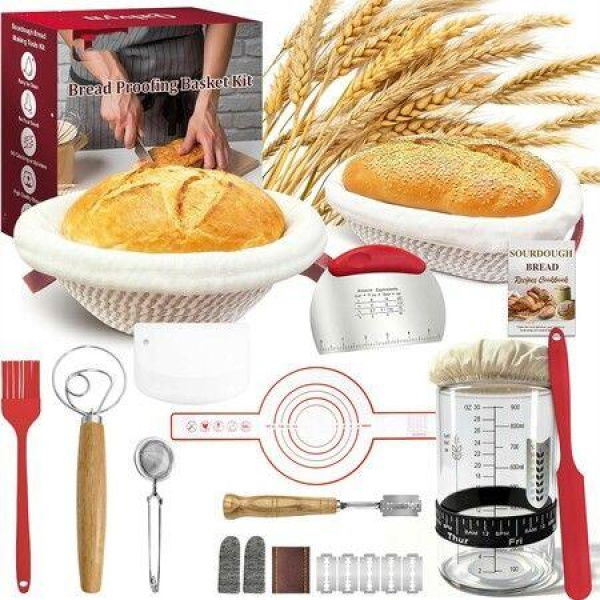 Sourdough Bread Baking Starter Kit with Cotton Rope Oval Round Bread Proofing Basket and Sourdough Starter Jar, Bread Making Kit Ideal Gift for Bakers