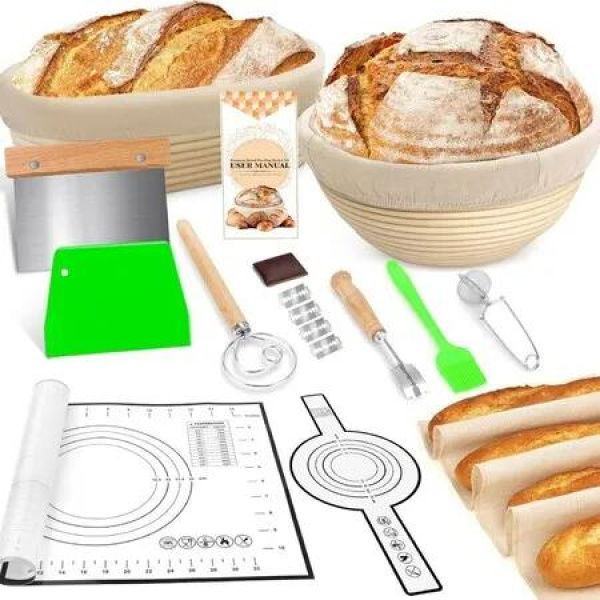 Sourdough Bread Baking Supplies 10 Inch Round,12 Oval Banneton Bread Proofing Basket,Sourdough Starter Kit for Making Baking Fermentation