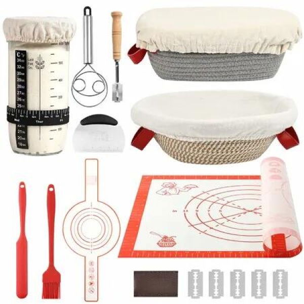 Sourdough Bread Baking Supplies Banneton Bread Proofing Basket 10 Inch Oval Round Bread Baskets with Liners Covers,Sourdough Starter Kit