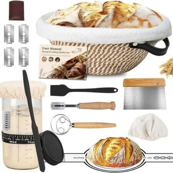 Sourdough Bread Starter Kit Cotton Banneton Proofing Basket 10 Round,Sourdough Kit Bread Baking Supplies with Starter Jar,Dough Whisk,Bread Lame Sling