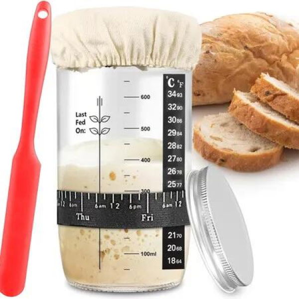 Sourdough Starter Jar Kits, 1000ml Sourdough Glass Jar With Thermometer, Feeding Band, Silicone Spatula, Cloth Cover,Home Baking Supplies