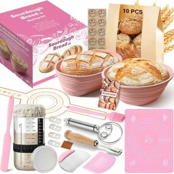 Sourdough Starter Kit 15 Pcs Sour Dough Bread Baking Supplies for Beginners with 24 Oz Glass Starter Jar,Bread Making Set with Silicone Banneton