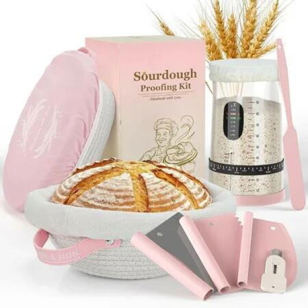 Sourdough Starter Kit (8-Pcs Set), 9 Round & 10 Oval Rope Banneton Proofing Basket with Liner, 32oz Sourdough Starter Jar with Lid
