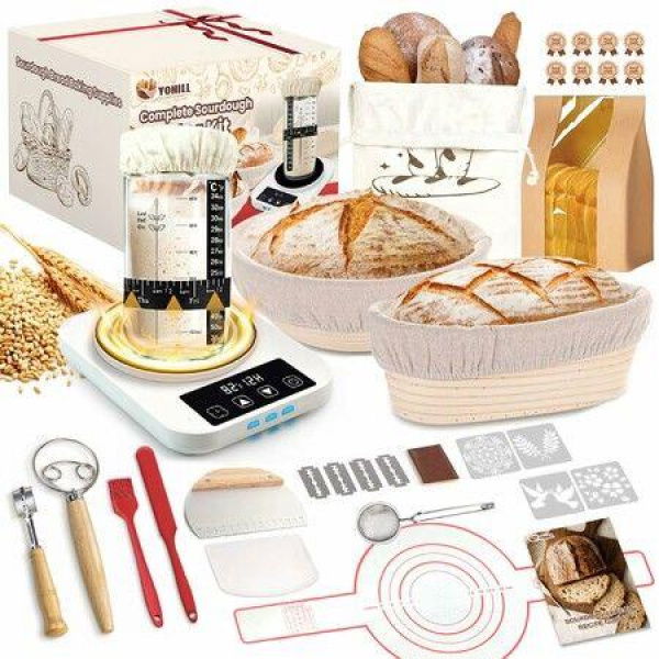 Sourdough Starter Kit with Warmer Glass Jar and Banneton Bread Proofing Basket Complete Sourdough Bread Baking Supplies,Sour Dough Making Essentials Tools