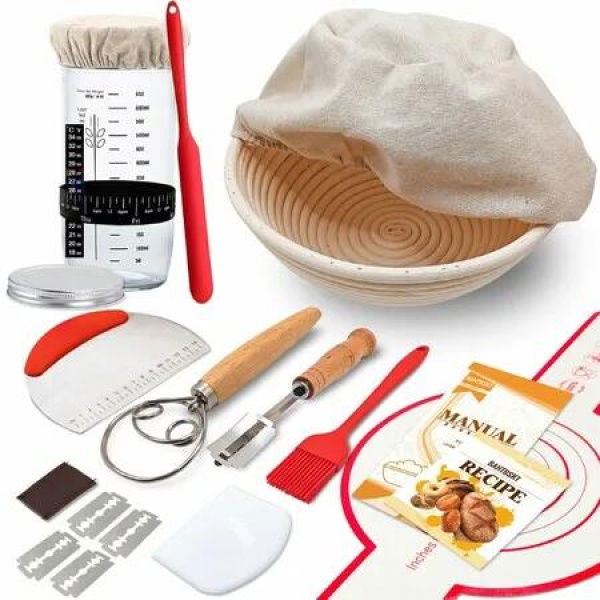 Sourdough Starter Kit,Banneton Bread Proofing Basket with Glass Sourdough Starter Jar,Sourdough Bread Baking Supplies for Bread Making Baking Fermentation