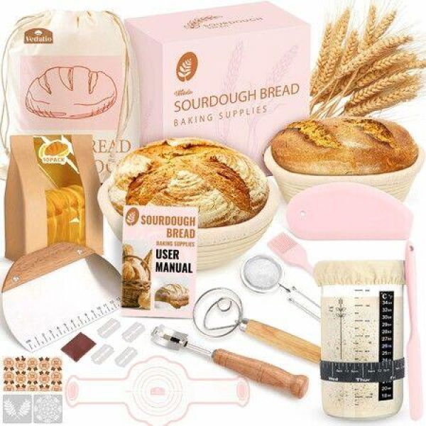 Sourdough Starter Kit,Bread Baking Supplies Sour Dough Starter Kits,Pink Sourdough Kit Proofing Basket Bread Making Kit Tools Baking Set