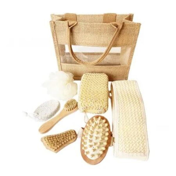 Spa Bath Set 7 Piece Shower Ball Scrub Gloves Body Brush Foot File Natural Bag House Warming Holiday Gift Present
