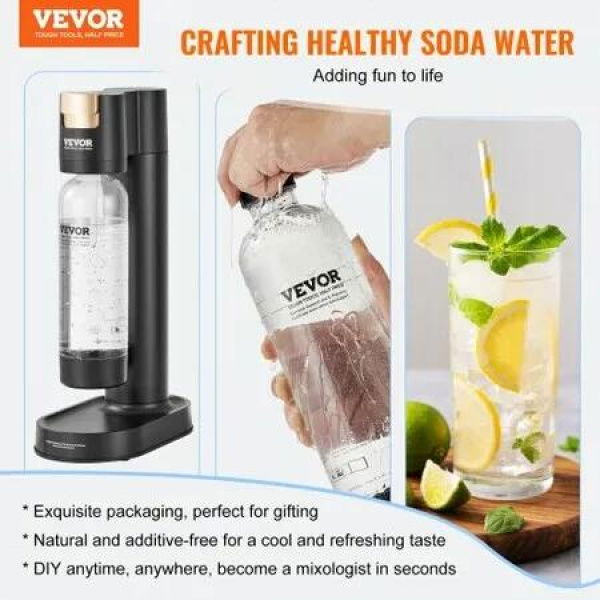 Sparkling Water Maker, Soda Maker Machine for Home Carbonating, Seltzer Water Starter Kit with 2 BPA-free 1L PET Bottles, Compatible with Mainstream Screw-in 60L CO2 Cylinder(NOT Included) Black