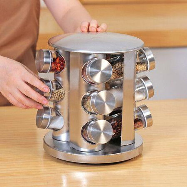 Spice Jar Rack Stainless Steel Revolving Spice Organizer Rack Shelf With 12pcs Glass Spice Jar