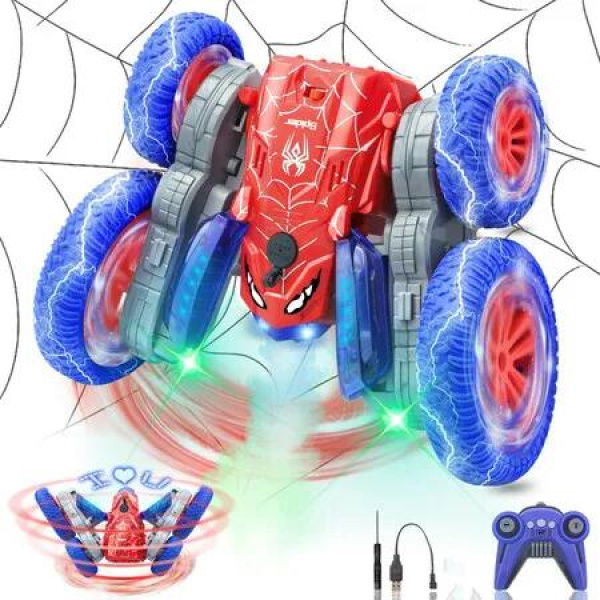 Spider Remote Control Car, 360Â°Rotating RC Stunt Car with 4 LED Texts Headlights and Spray, 2.4Ghz 4WD Double Sided Flip RC Car Toys