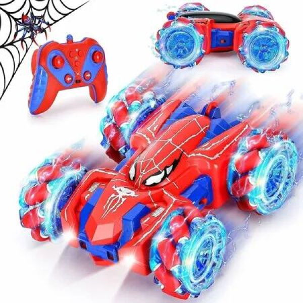 Spider Remote Control Car for Boys,2.4Ghz 360 Degrees Rotating Double Sided RC Stunt Cars with Cool Headlights,Rechargeable 4WD Off Road Drift Toys Age3+ (Red)