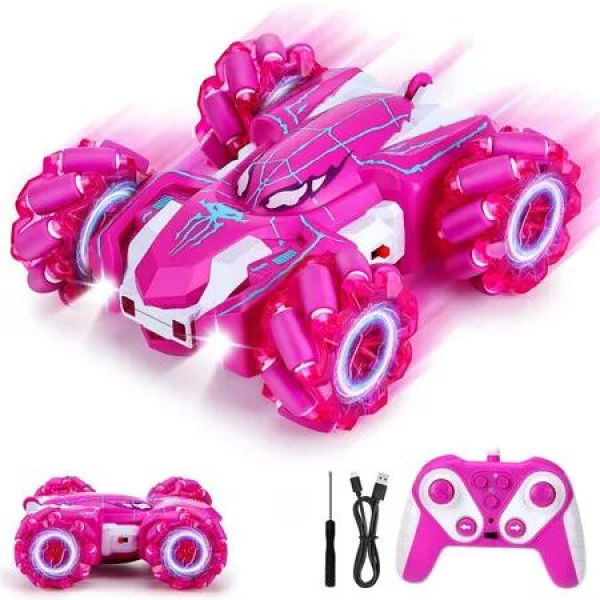 Spider Remote Control Car,2.4Ghz 360 Degrees Rotating Double Sided RC Stunt Cars with Cool Headlights,Rechargeable 4WD Off Road Drift Toys Age3+ (Pink)