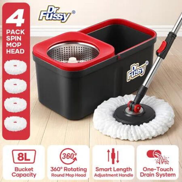 Spin Mop and Bucket Set Tile Hard Wood Floor Cleaner 4 Microfibre Heads 360Â° Rotating Swivel Wet Dry Magic Twist Dr Fussy Easy Home Cleaning System