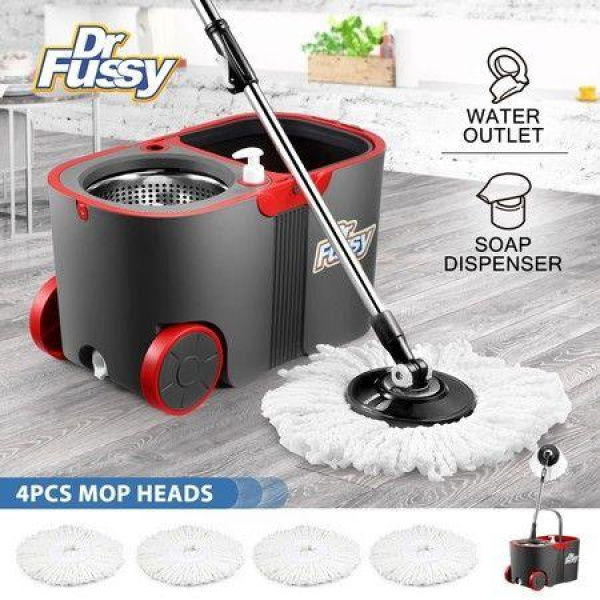 Spin Mop and Bucket Set Tile Wood Floor Cleaner 4 Microfiber Mop Heads Easy Cleaning System 360 Degree Rotating