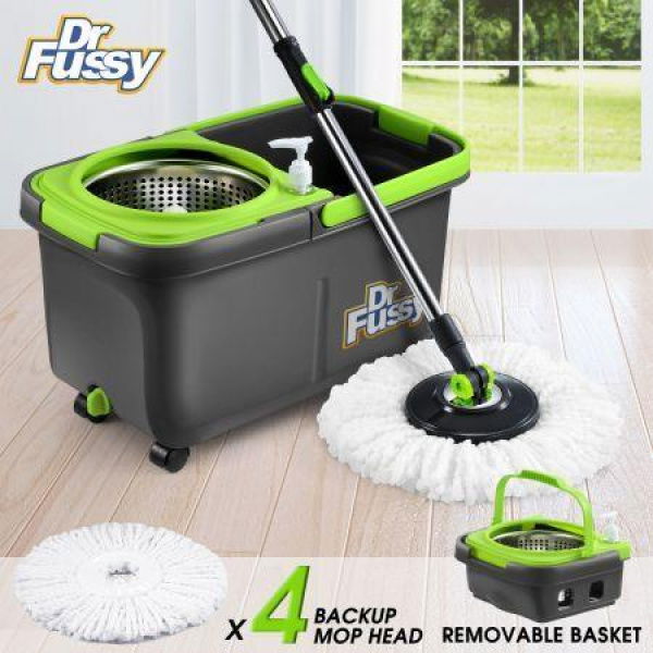 Spin Mop and Bucket Set Tile Wood Floor Cleaner with 4 Mop Heads Easy Cleaning System 360 Degree Rotating 10L