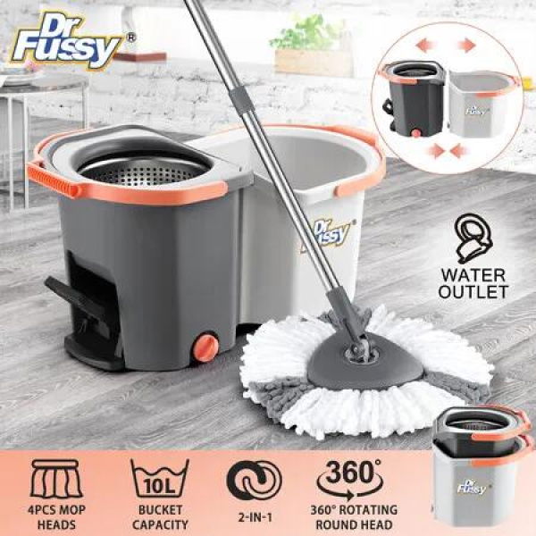 Spin Mop and Twin Bucket Set Tile Wood Floor Cleaner 4 Microfibre Heads Magic Dry Twist Separate Stackable Easy Cleaning System 360 Degree Rotating