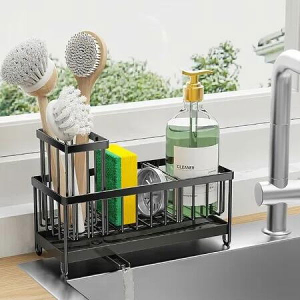 Sponge Holder for Kitchen Sink,Sink Caddy with High Brush Holder,Organzier Rustproof 304 Stainless Steel Dish Organizer Divider,Soap Dispenser Storage