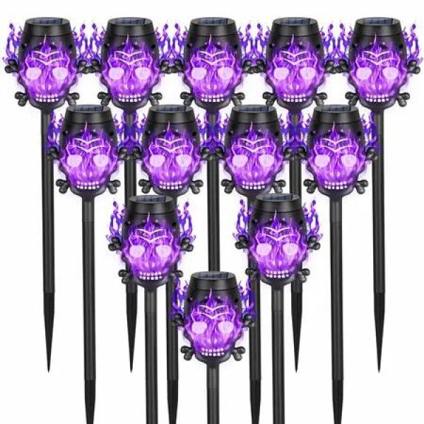 Spooky Skulls Purple Solar Torch Lights,Solar Halloween Lights Outdoor,Halloween Decorations Outside for Yard Pathway Lawn Party,Purple Light 12Pack