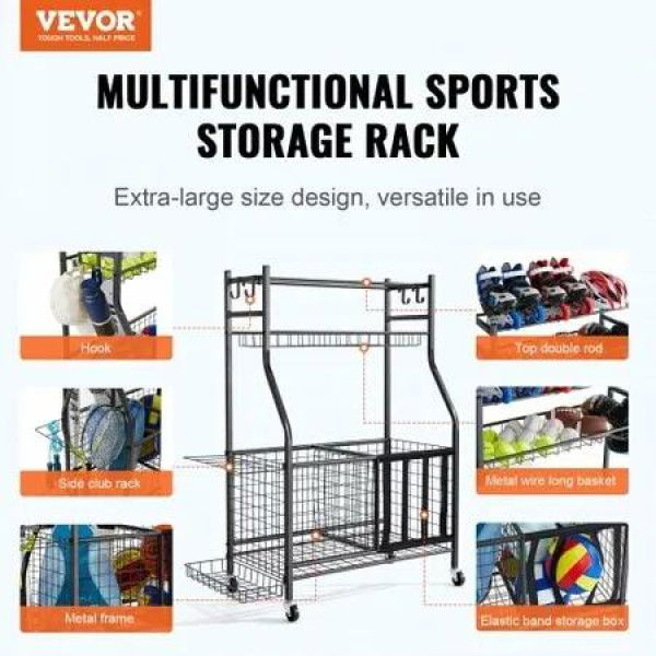 Sports Equipment Garage Organizer Rolling Ball Storage Cart on Wheels Basketball Rack with Baskets & Hooks Indoor/Outdoor Sports Gear and Toys Storage