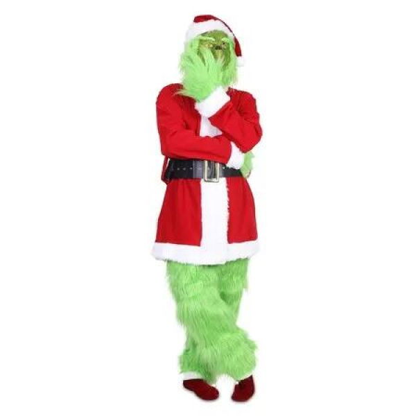 Spread Holiday Cheer - Deluxe Green Monster Costume for Men - Complete 7-Piece Santa Suit Set with Furry Trim - Size Medium