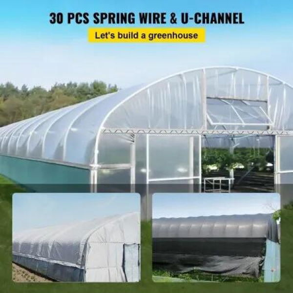 Spring Wire and Lock Channel, 2m Spring Lock & U-Channel Bundle for Greenhouse, 30 Packs PE Coated Spring Wire & Aluminum Alloy Channel, Plastic Poly Film or Shade Cloth Attachment with Scre