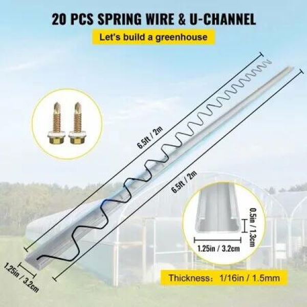 Spring Wire and Lock Channel,2 m Spring Lock & U-Channel Bundle for Greenhouse, 20 Packs PE Coated Spring Wire & Aluminum Alloy Channel, Plastic Poly Film or Shade Cloth Attachment with Screw