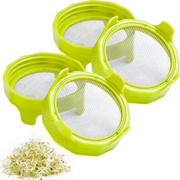 Sprouting Lids. Plastic Sprout Lid With Stainless Steel Screen For Wide Mouth Mason Jars. Germination Kit Sprouter Sprout Maker With Stand Water Tray. Grow Bean Sprouts. Broccoli Seeds. Alfalfa. Salad (Green 4 Pack).