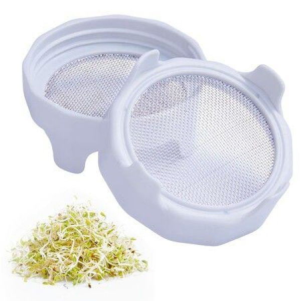 Sprouting Lids. Plastic Sprout Lid With Stainless Steel Screen For Wide Mouth Mason Jars. Germination Kit Sprouter Sprout Maker With Stand Water Tray. Grow Bean Sprouts. Broccoli Seeds. Alfalfa. Salad (White 2 Pack).