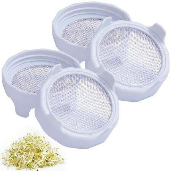 Sprouting Lids: Plastic Sprout Lid With Stainless Steel Screen For Wide Mouth Mason Jars. Germination Kit Sprouter Sprout Maker With Stand Water Tray. Grow Bean Sprouts Broccoli Seeds Alfalfa Salad (White 4 Pack).