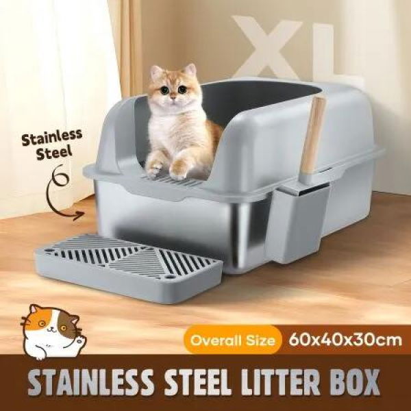 Stainless Steel Cat Litter Box XL Pet Toilet Kitty High Sided Enclosure Metal Pan Tray Potty Easy Clean 20L with Scoop Filter Pedal Pet Scene