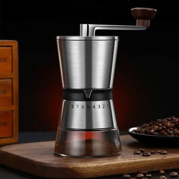 Stainless Steel Coffee Bean Grinder with Ceramic Burrs - Level 8 Manual Silver Grinder