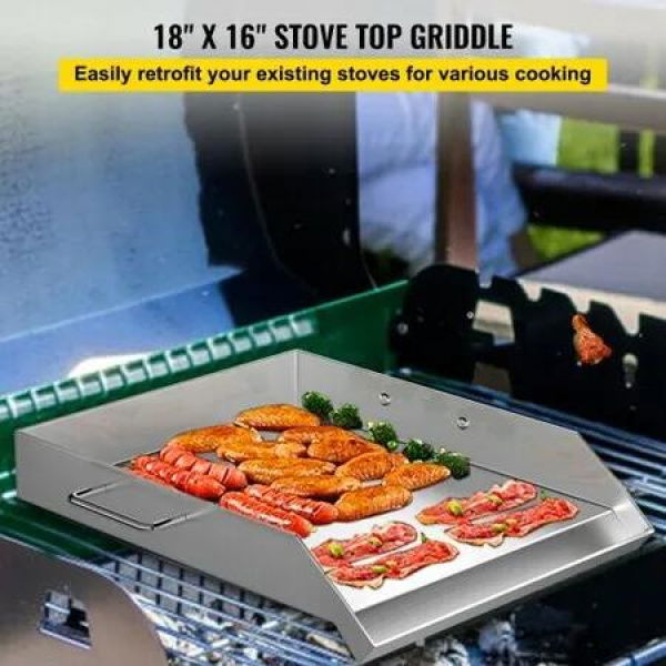 Stainless Steel Griddle18' X 16' Universal Flat Top Rectangular Plate BBQ Charcoal/Gas Grill with 2 Handles and Grease Groove with Hole drills for Camping