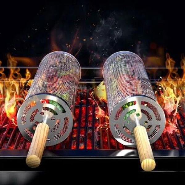 Stainless Steel Grill Baskets (2-Pack) for Outdoor Grills: Roll and Flip Easily with Handle