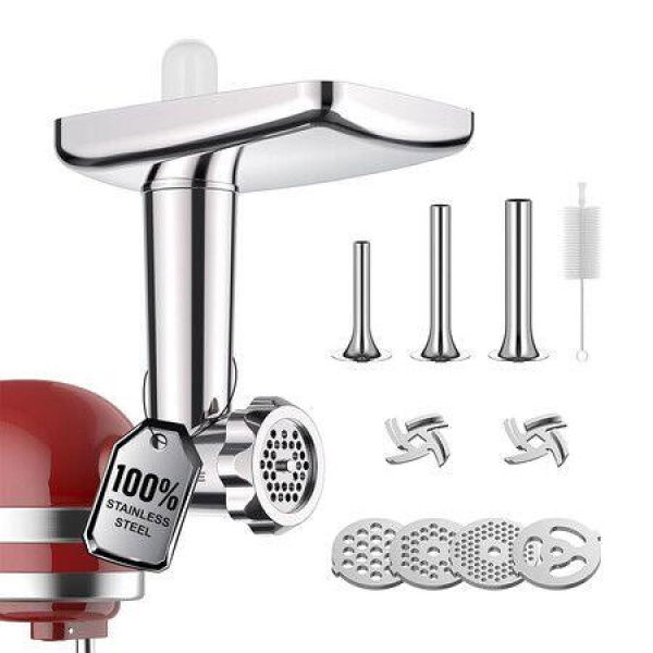 Stainless Steel Meat Grinder Attachment for KitchenAid Stand Mixer, Meat Grinder for KitchenAid Includes 4 Grinding Plates and 3 Sausage Tubes