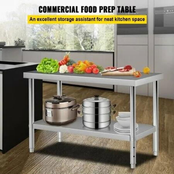 Stainless Steel Prep Table 122 x 76 x 87 cm 250kg Load Capacity Heavy Duty Metal Worktable with Adjustable Undershelf Commercial Workstation