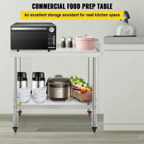 Stainless Steel Prep Table 24x15x35 Inch 440lbs Load Capacity Heavy Duty Metal Worktable with Backsplash Adjustable Undershelf & 4 Casters Commercial