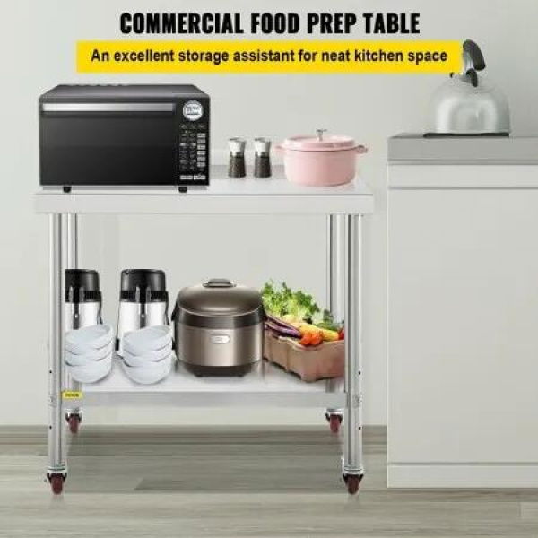 Stainless Steel Prep Table 30x24x35 Inch 440lbs Load Capacity Heavy Duty Metal Worktable with Backsplash Adjustable Undershelf & 4 Casters