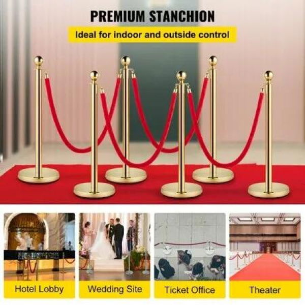 Stainless Steel Stanchion Post Queue 6PCS Pole w/ 4 Red Velvet Ropes Crowd Control Barriers w/Fillable Base for for crowd control in theaters hotels