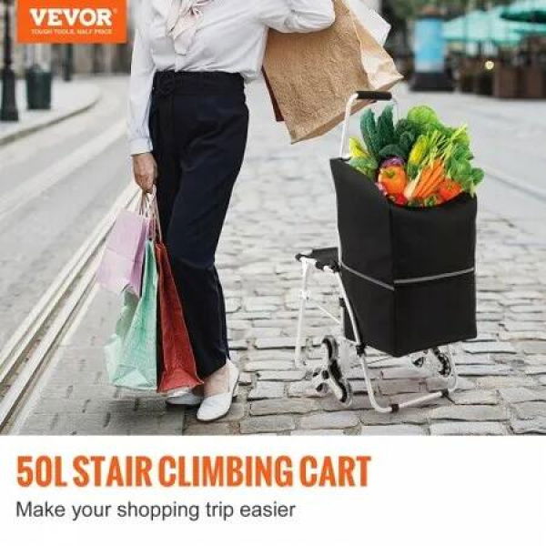 Stair Climbing Cart 50L Foldable Shopping Cart w/ Waterproof Bag & Seat