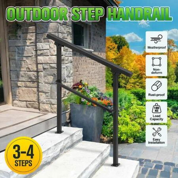 Stair Handrail Railings 3 to 4 Steps Adjustable Safety Metal Guard Hand Rails Kit for Outdoor Staircases Decks Porches Black
