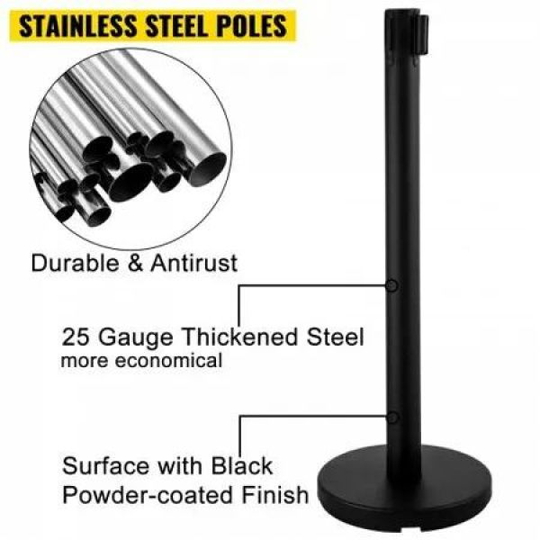 Stanchion Post Barriers 4-Set Line Dividers Stainless Steel Stanchions with 6.6 Black Retractable Belts Stanchions with One Sign Frame 34.6 Queue