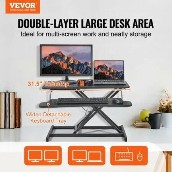 Standing Desk Converter, Two-Tier Stand up Desk Riser, 800 mm Large Sit to Stand Desk Converter,140-510 mm Adjustable Height, for Monitor, Keyboard & Accessories Used in Home Office