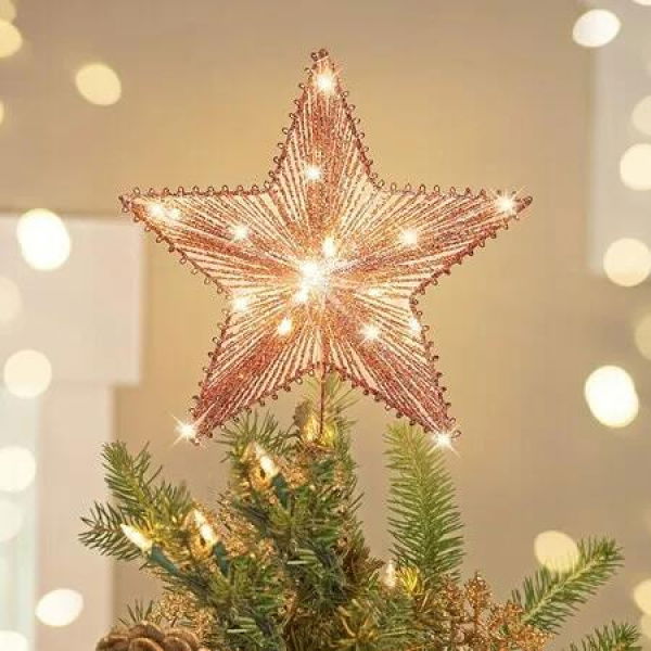 Star Tree Topper Christmas Glitter 3D LED Lights Decoration Holiday Seasonal Decor Rose Gold Festive Ornament Elegant Display